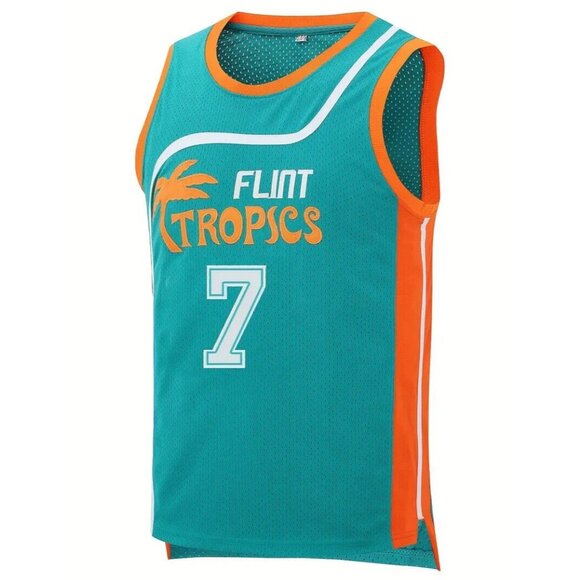 Flint Tropics Coffee Black #7 Semi Pro Movie Basketball Jersey Green Mens - Picture 2 of 8